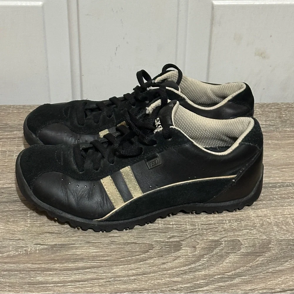 Vtg Y2K Skechers Shoes Womens Sz 6.5 Black Leather‎ Suede Bowling Chunky 45410